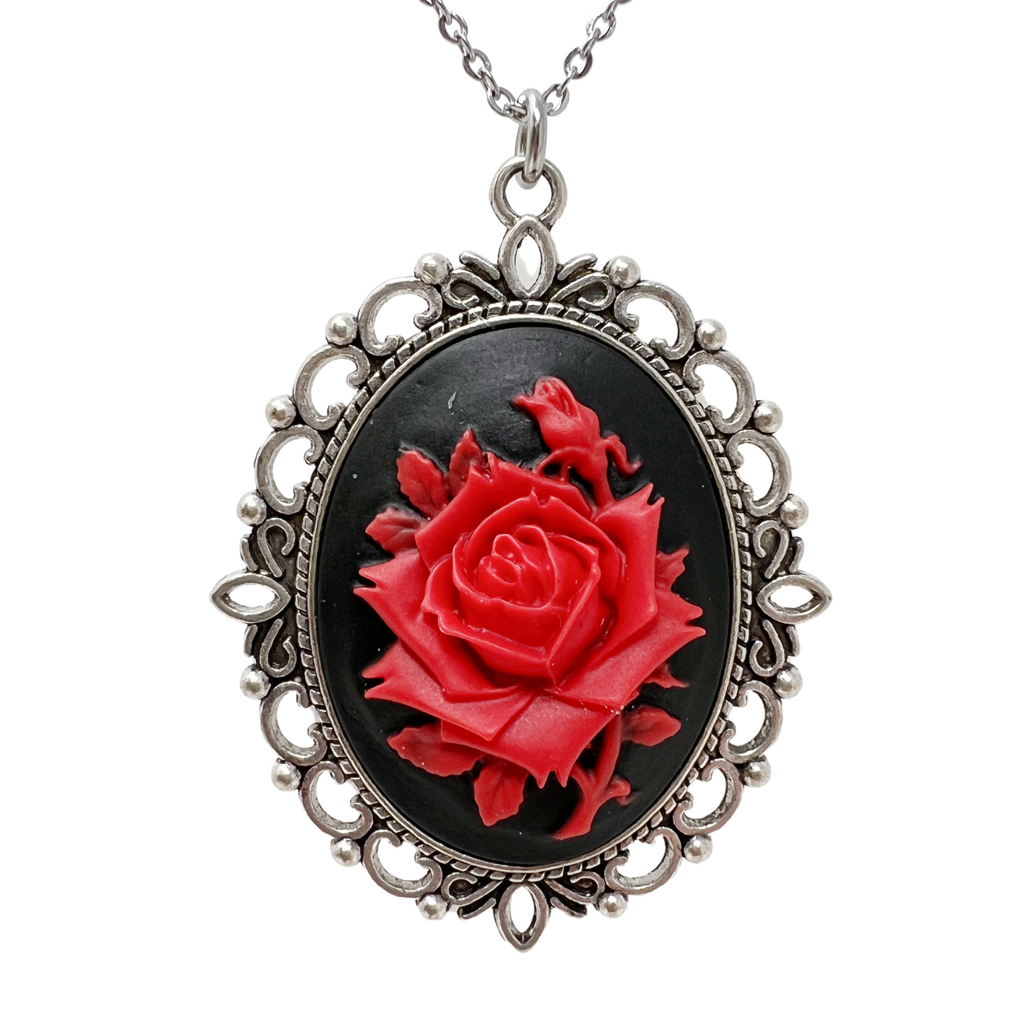 Red rose necklace silver or bronze