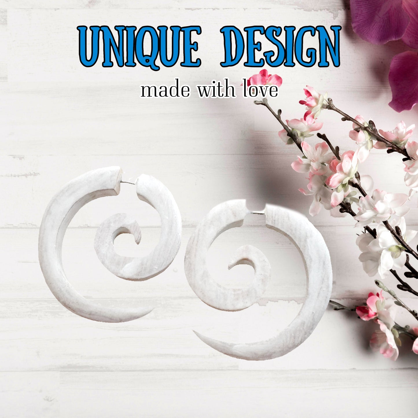 Wooden spiral earring organic jewelry rustic white color fake piercing