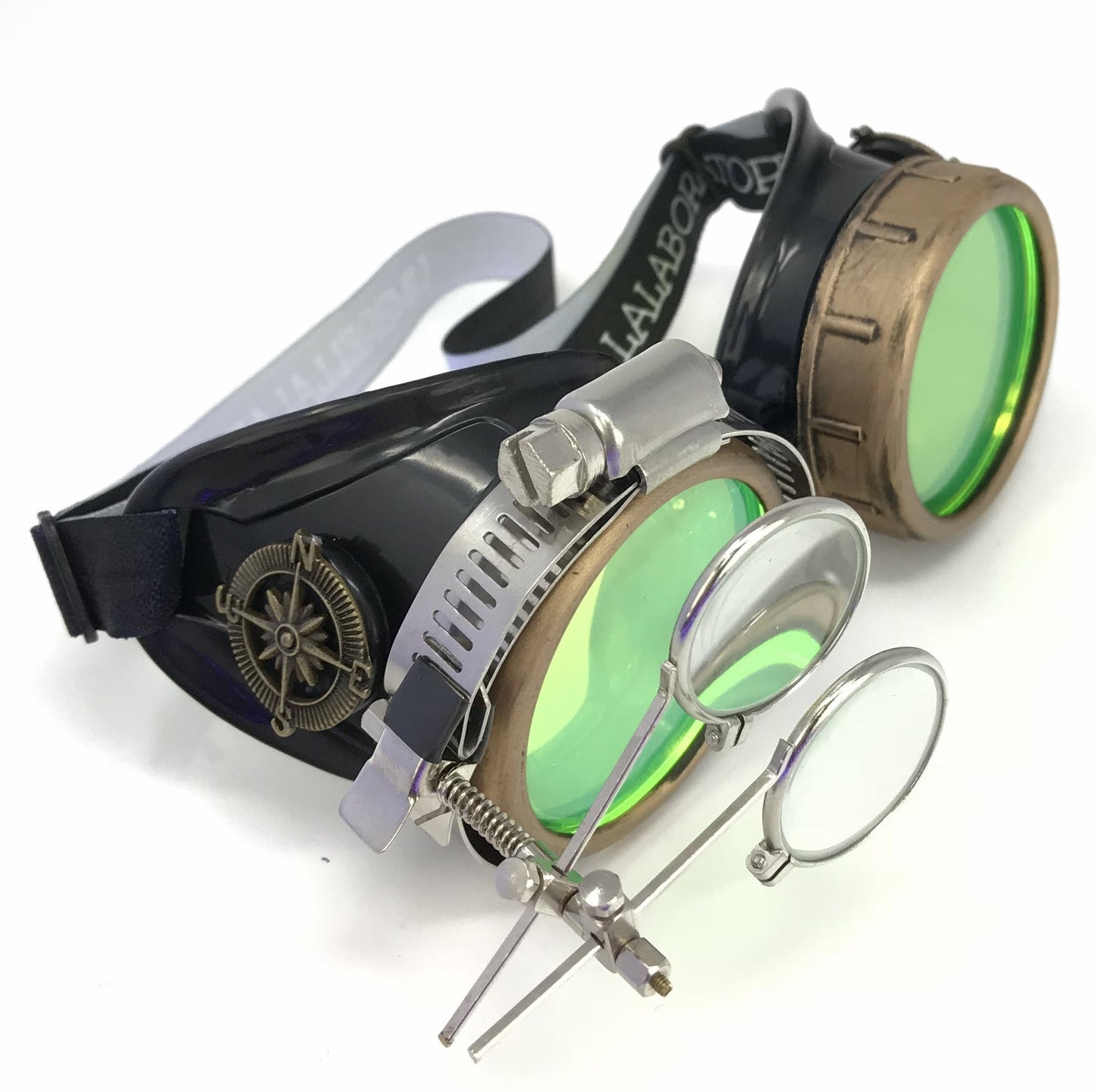 Steampunk Goggles with magnifying loupes UV glow neon green prism diffraction lenses