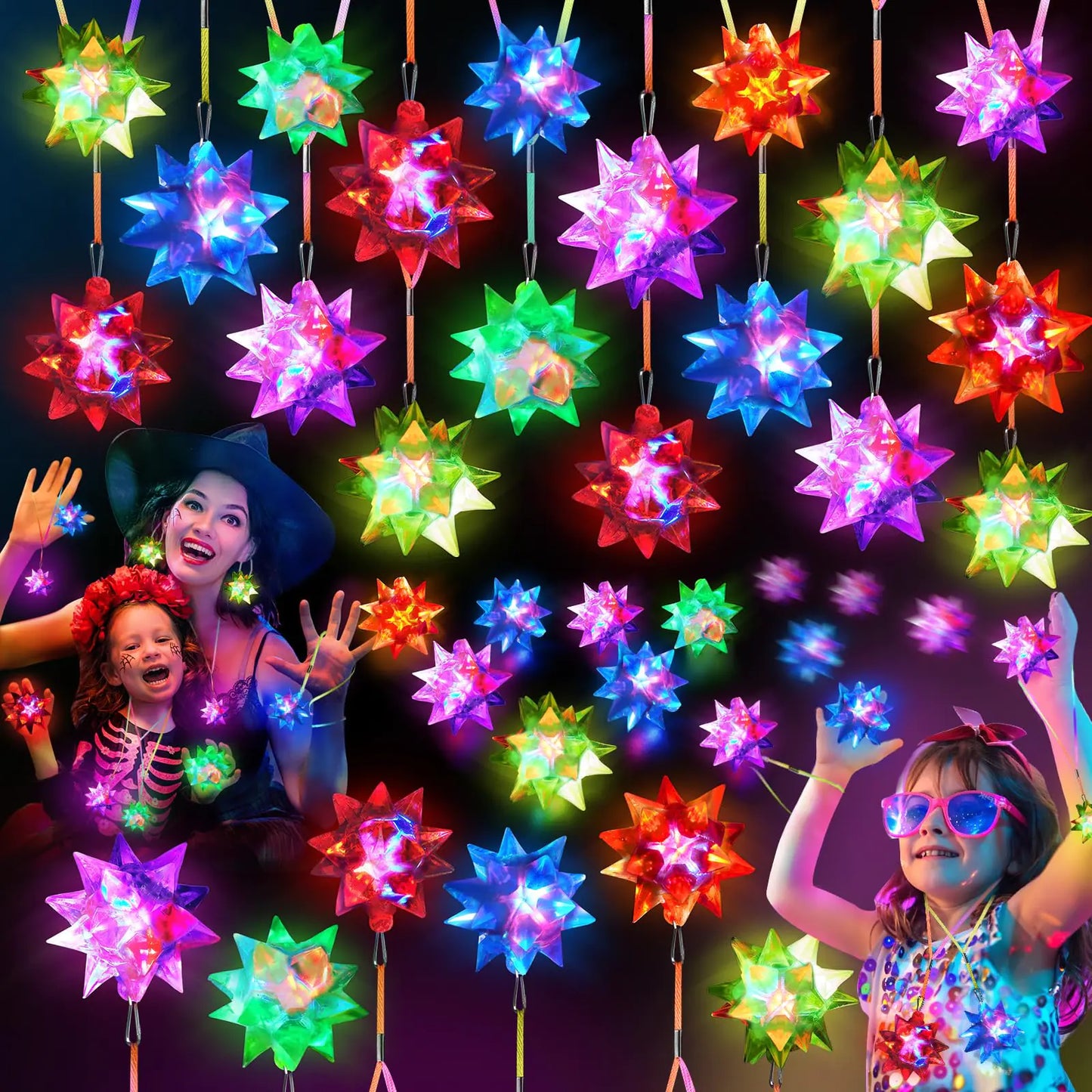 HONLYNE48 PCS Flashing Crystal Star Necklaces Glow Necklaces Bulk Light up Party Favors LED Glow in The Dark Necklaces for Kids Adults Birthday Glow Party Rave Halloween Goodie Bags Filler