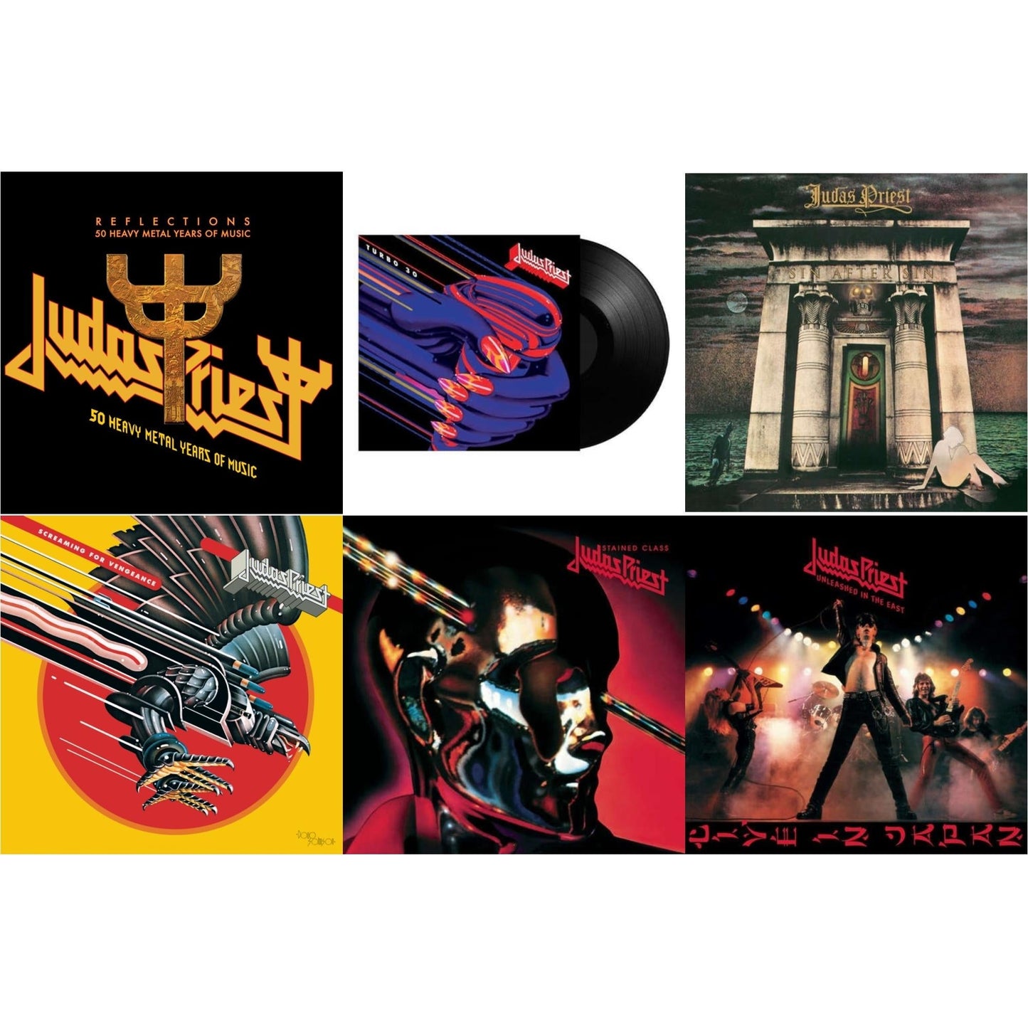 Reflections - 50 Heavy Metal Years Of Music (2LP/180G/Red Vinyl) & Turbo 30 (150G) & Sin After Sin (180G/Dl Card) & Stained Class (180G/Dl Card) & Unleashed In The East: Live In Japan (180G/Dl Card) & Screaming For Vengeance (180G/Dl Card)