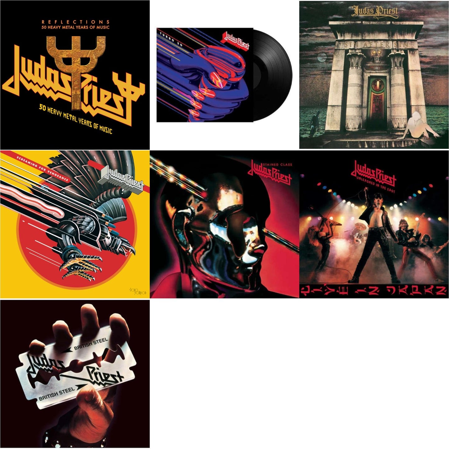 Judas Priest - Reflections - 50 Heavy Metal Years Of Music (2LP/180G/Red Vinyl) & Turbo 30 (150G) & Sin After Sin (180G/Dl Card) & Stained Class (180G/Dl Card) & Unleashed In The East: Live In Japan (180G/Dl Card) & Screaming For Vengeance (180G/Dl