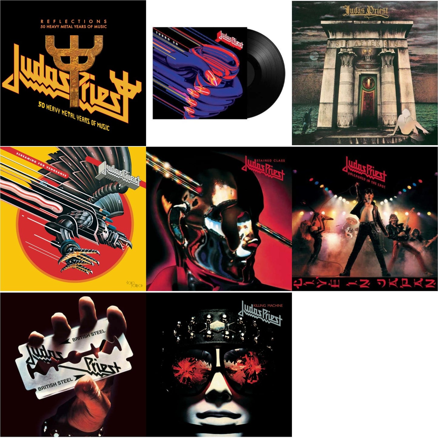 Judas Priest - Reflections - 50 Heavy Metal Years Of Music (2LP/180G/Red Vinyl) & Turbo 30 (150G) & Sin After Sin (180G/Dl Card) & Stained Class (180G/Dl Card) & Unleashed In The East: Live In Japan (180G/Dl Card) & Killing Machine (180G/Dl Card) &