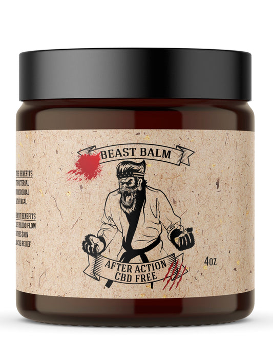 Jar of 'Beast Balm' with a label featuring a graphic of a bearded man and text.