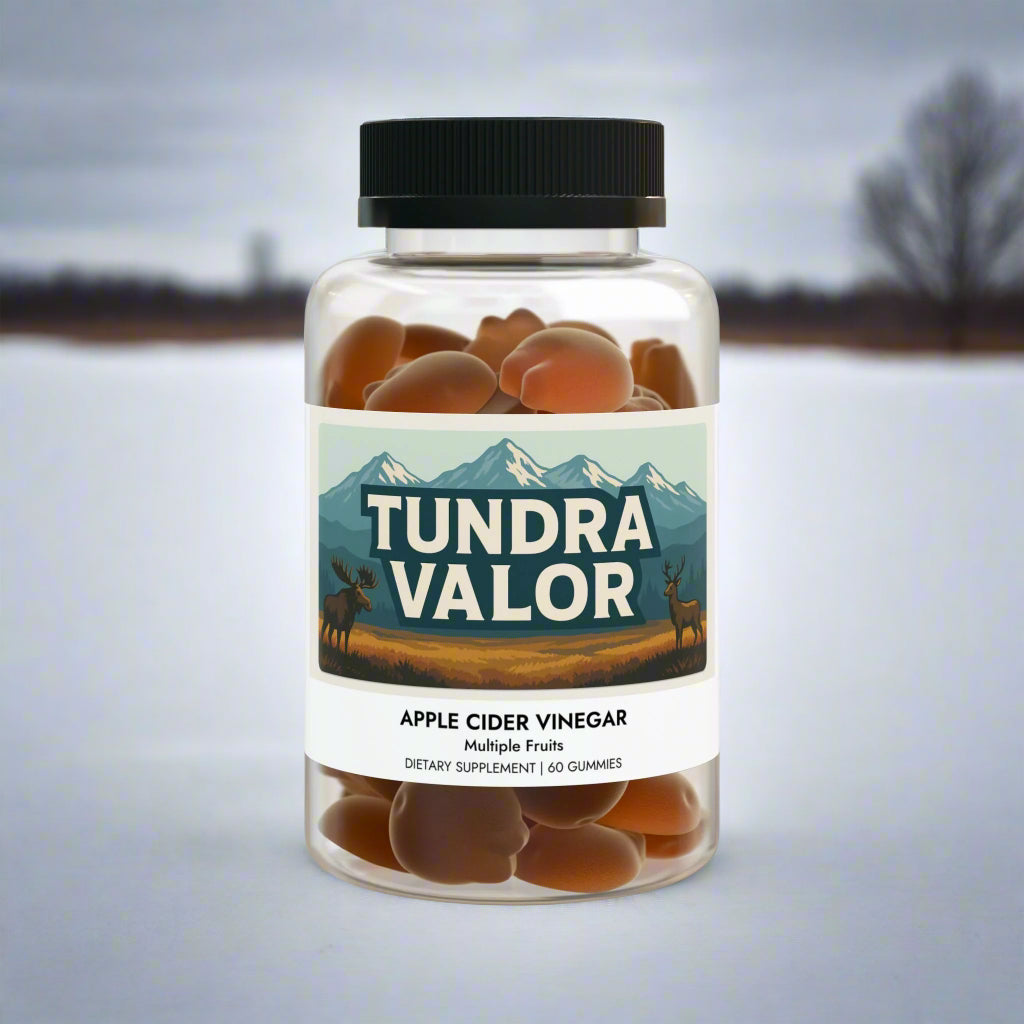 Jar of Tundra Valor apple cider vinegar gummies on a white background