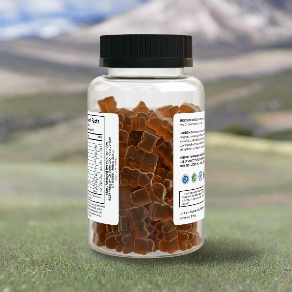 Jar of gummy bears with a black lid on a white background