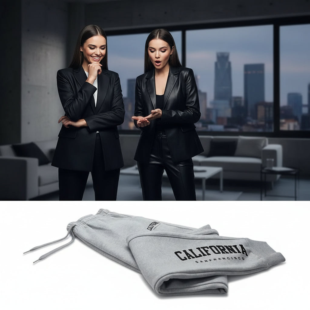 Gray sweatpants with 'California' text on a white background