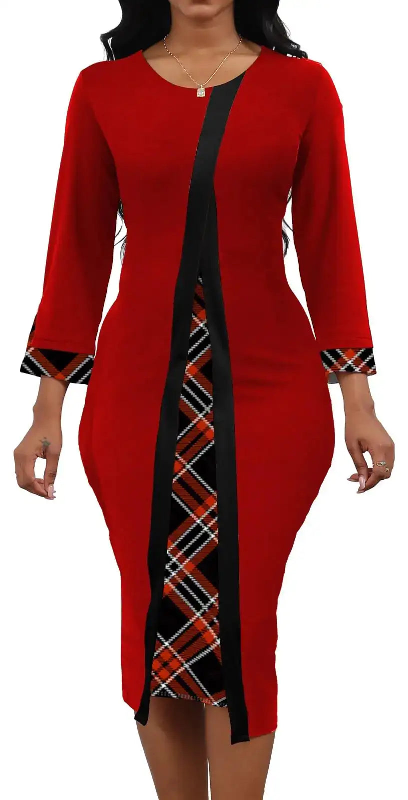 Womens African Print Dress Church Dresses Work Business Bodycon Sleeve Round Neck Red Pencil Dresses