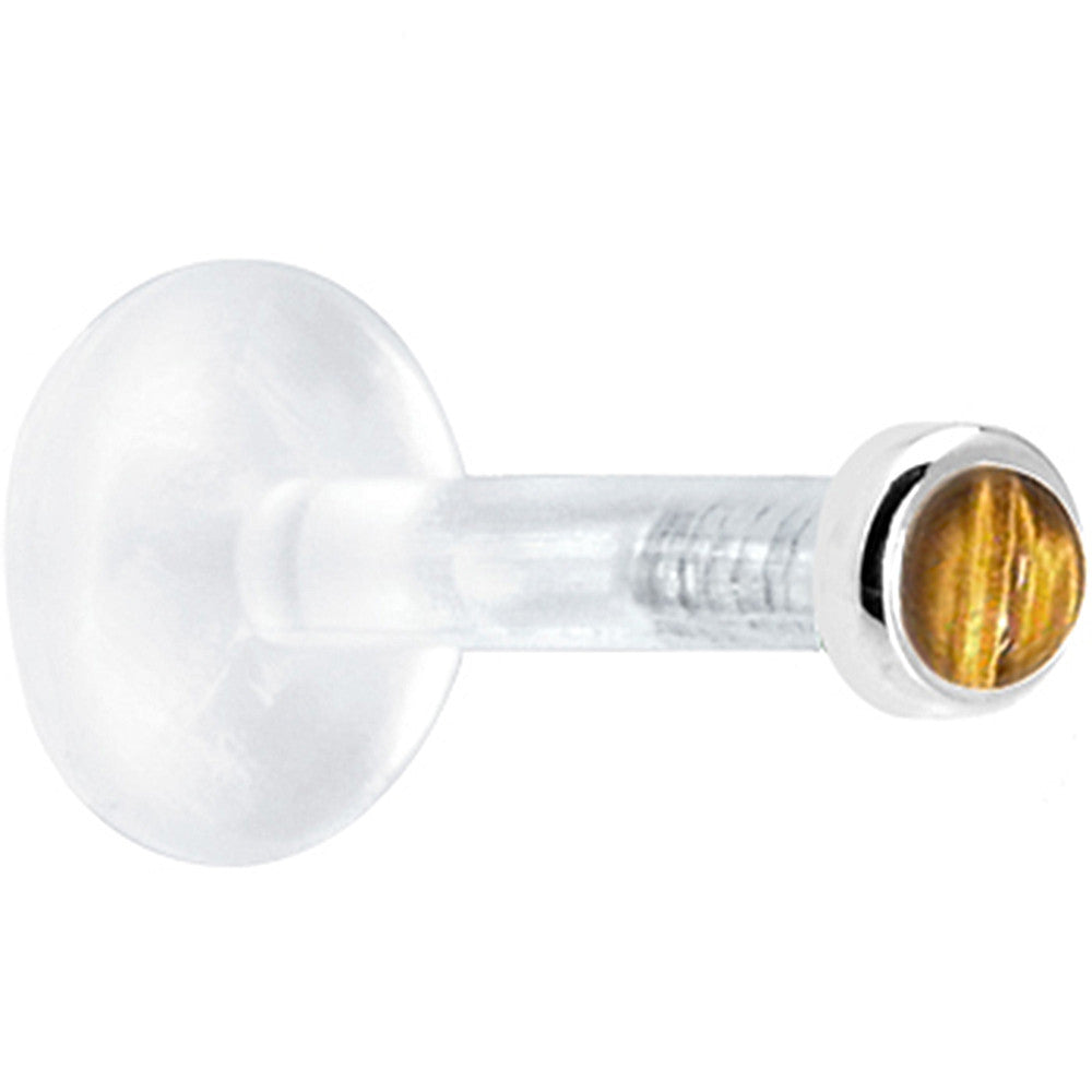 Solid 14K White Gold 2mm Genuine Tiger Eye Bioplast Push in Labret