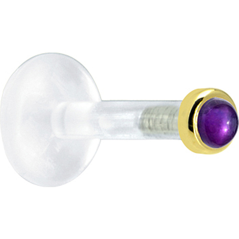 Solid 14K Yellow Gold 2mm Genuine Amethyst Bioplast Push in Labret