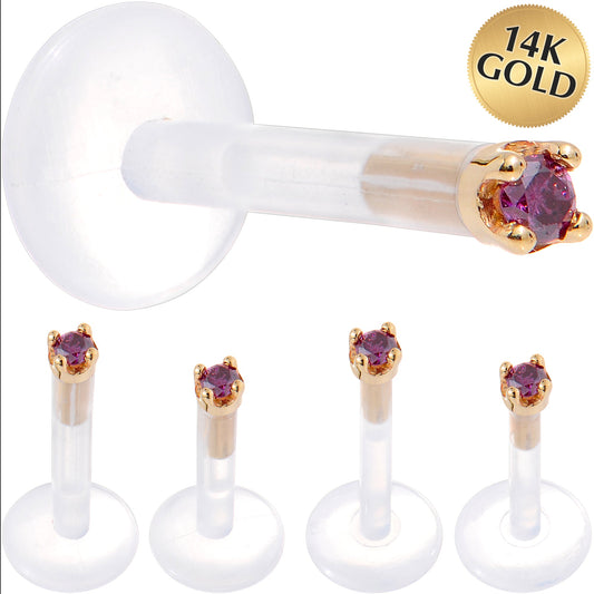 Solid 14K Yellow Gold 1.5mm Genuine Purple Diamond Bioplast Push in Labret