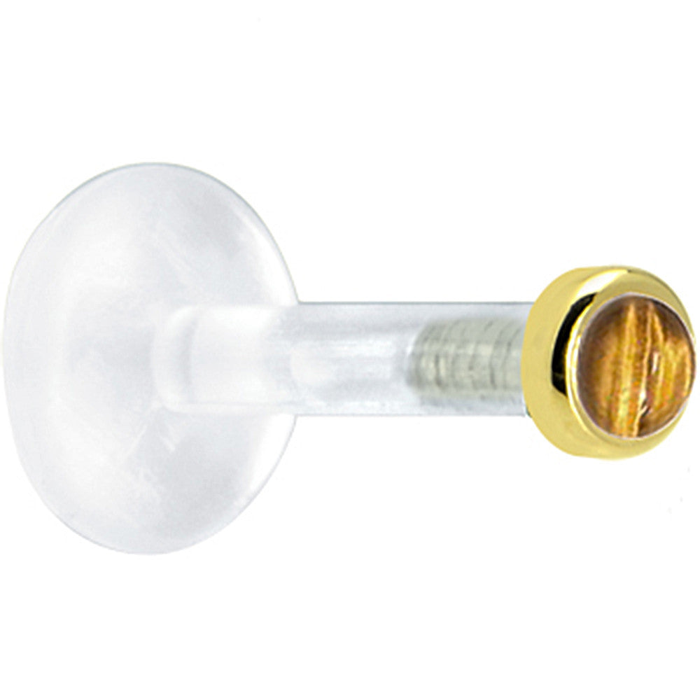 Solid 14K Yellow Gold 2mm Genuine Tiger Eye Bioplast Push in Labret