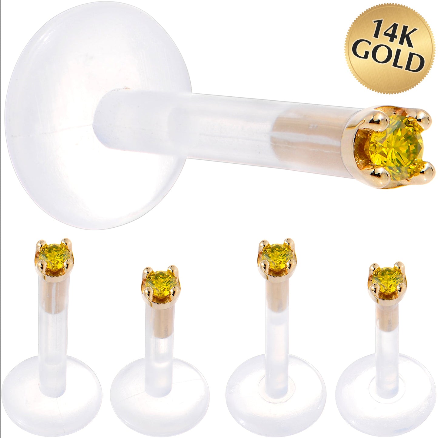 Solid 14K Yellow Gold 1.5mm Genuine Yellow Diamond Bioplast Push in Labret