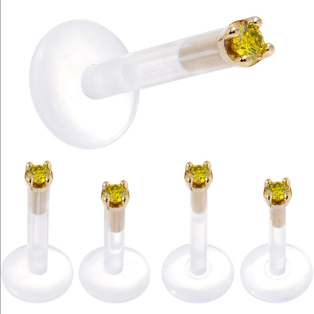 Solid 14K Yellow Gold 1.5mm Genuine Yellow Diamond Bioplast Push in Labret