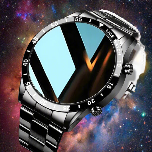 LIGE smartwatch with black strap and blue screen on a white background