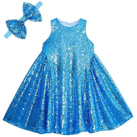 YIYI Glitter Girl Party Wear Dresses Sequin Wedding Dresses for Flower Girl Princess Dresses Birthday Girl Dress Special Occasion Little Girl Blue 8 Years XL