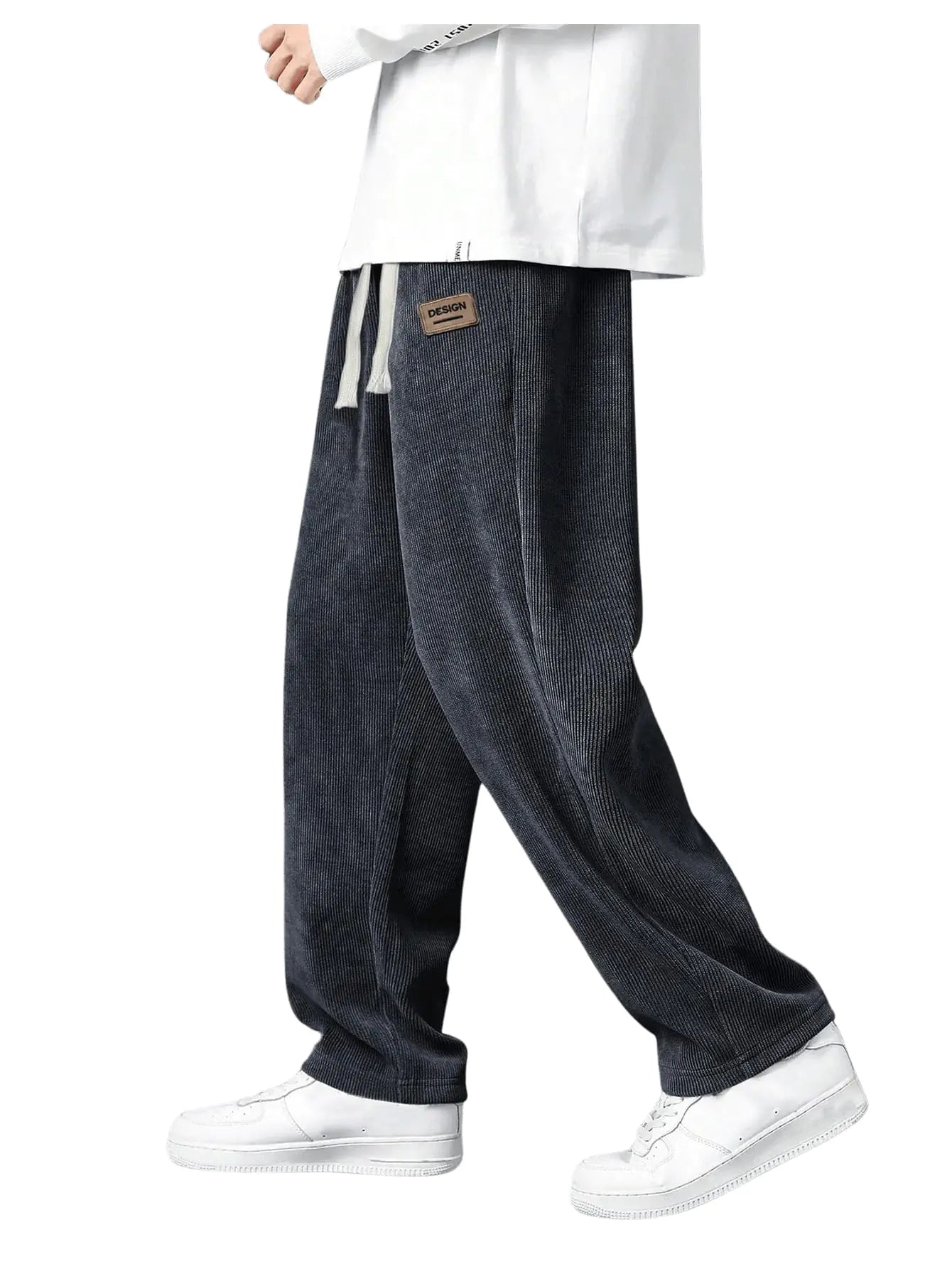 RoseSeek Mens Baggy Pants Tie Front Drawstring Waist Corduroy Pants Casual Loose Straight Leg Pants Trousers Dark Grey XXL