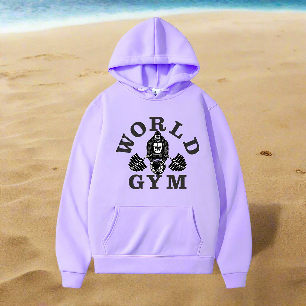 Lavender hoodie with 'World Gym' logo on a white background