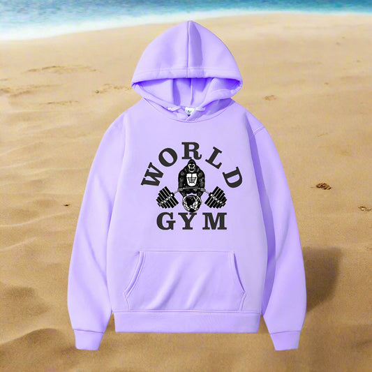 Lavender hoodie with 'World Gym' logo on a white background