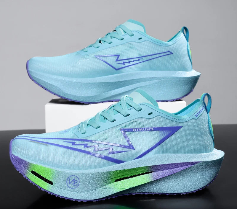 Light blue running shoes with purple accents on a gradient background, featuring promotional text at the bottom.