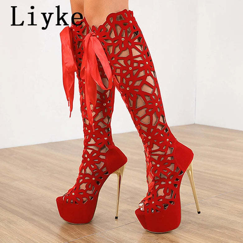 Liyke 16CM Ultra Thin High Heels Sensual Nightclub Hollow Out Over The Knee Boots Women Peep Toe Lace-Up Zip Platform Shoes Sandals - Premium high heels from Lizard Vigilante - Just $87.99! Shop now at Lizard Vigilante
