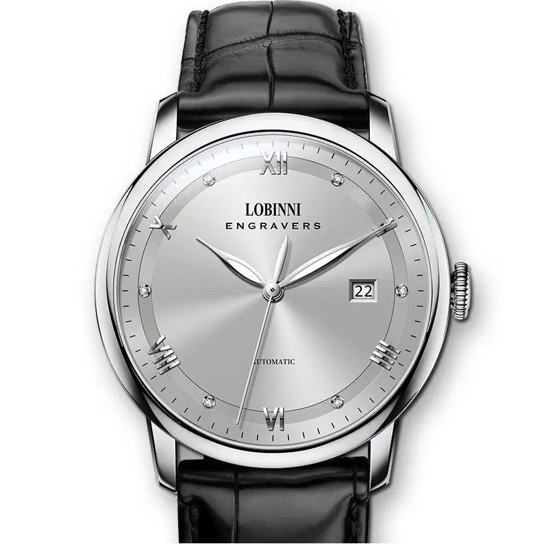 Lobinni engravers watch with black leather strap on a white background