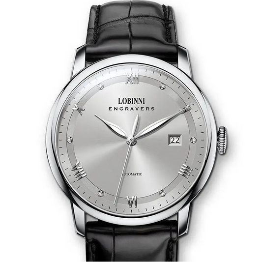 Lobinni engravers watch with black leather strap on a white background