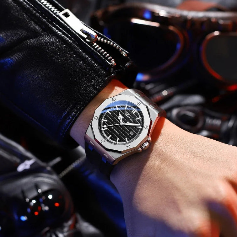 Luxury watch on a wrist with a car interior background