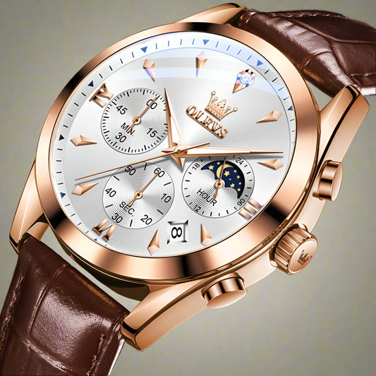 Luxury watch with brown leather strap and rose gold case on a white background, featuring the OLEVS brand.