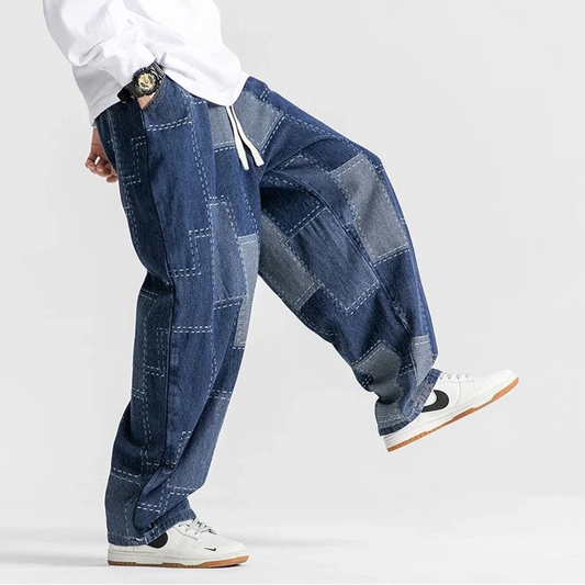 Men Jeans Autumn Thick Vintage Patchwork Hip Hop Denim Pants Male Straight Loose Streetwear Fashion Baggy Casual Cowboy Trousers - Premium  from Lizard Vigilante - Just $100.99! Shop now at Lizard Vigilante
