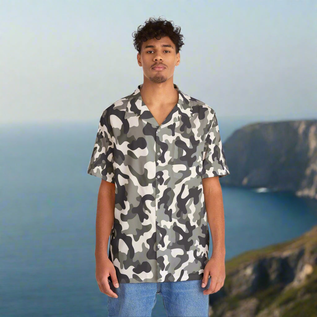 Men'sBlack White Grey Camo Hawaiian Shirt - Lizard Vigilante