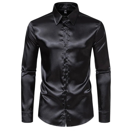 Men's Black Satin Luxury Dress Shirts Fashion Silk Smooth Tuxedo Shirt Solid Wedding Party Prom Casual Shirt Business Office - Premium  from Lizard Vigilante - Just $27.99! Shop now at Lizard Vigilante
