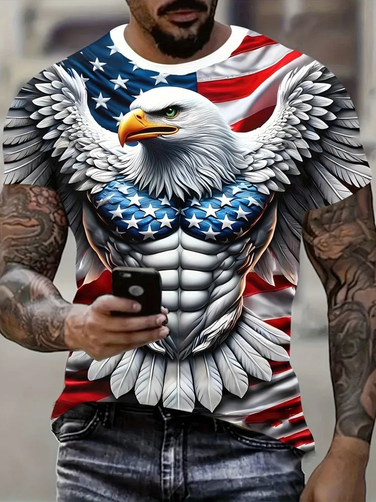 Men's Patriotic 3D Eagle Print T-Shirt Casual Crew Neck Short Sleeved Pullover for Summer Fashion Outdoor Activities Men Clothes - Premium  from Lizard Vigilante - Just $14.99! Shop now at Lizard Vigilante