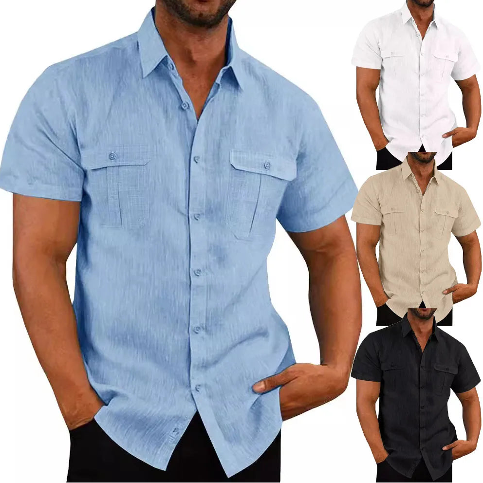 Men's Shirt Double Pocket Cotton Linen Short Sleeve Shirts for Men Casual Holiday Beach Shirt streetwear Solid Color Slim Fit - Premium  from Lizard Vigilante - Just $23.99! Shop now at Lizard Vigilante