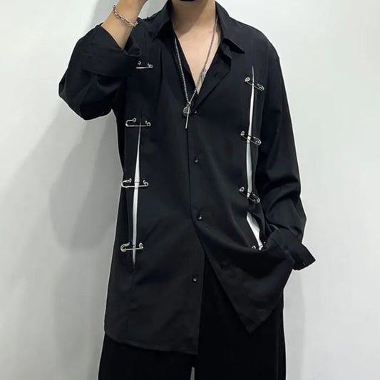 2024 Men's Spring Personality Shirts Metal Splicing Handsome Trendy Male Shirt Street Style Long Sleeve Solid Color Hole Shirts - Premium  from Lizard Vigilante - Just $123.99! Shop now at Lizard Vigilante