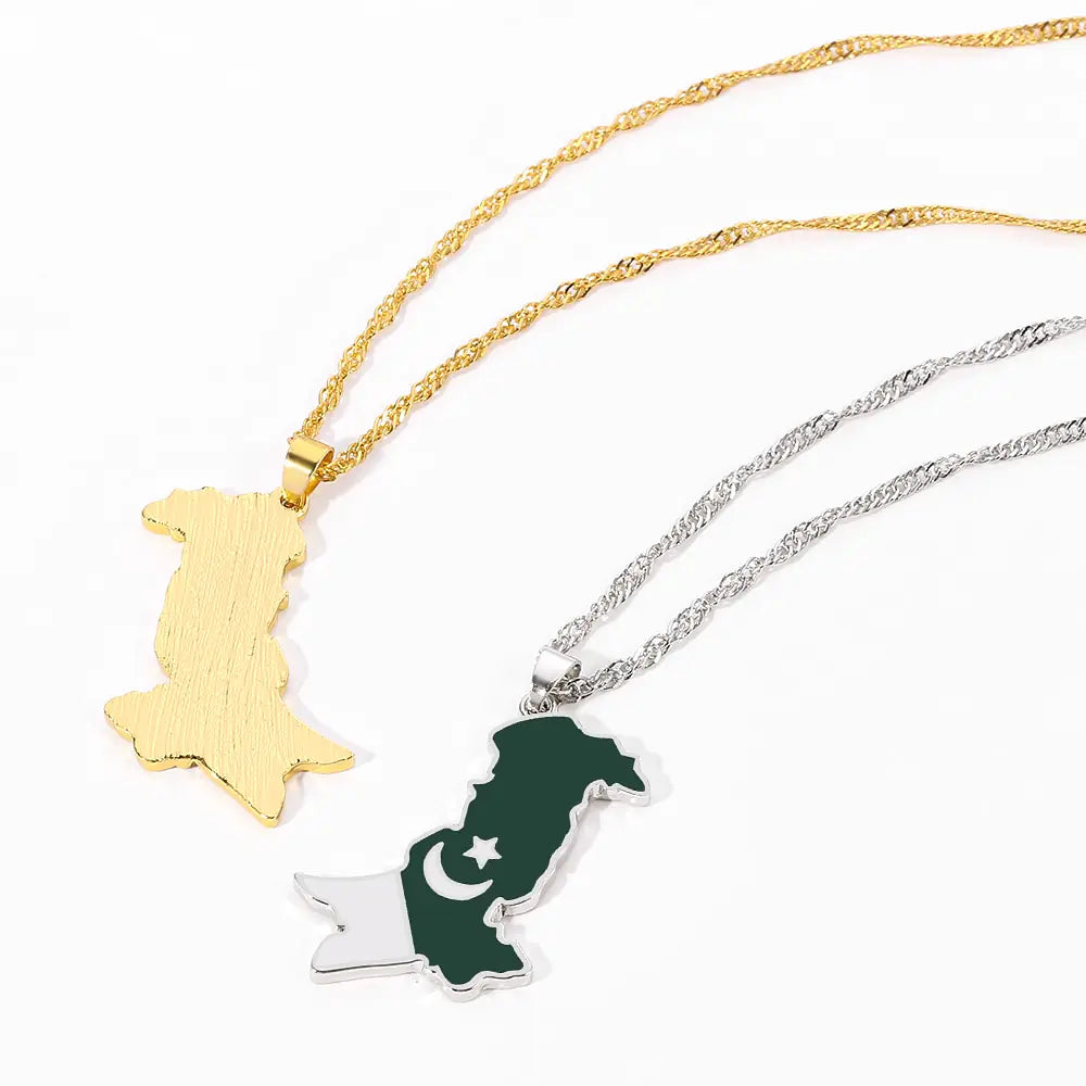 Pakistan Map and Flag Pendant Necklaces
