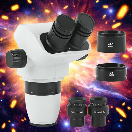 Microscope with auxiliary objectives on a white background