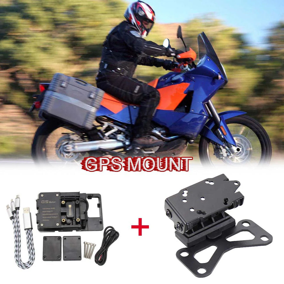 Motorcycle with GPS mount kit on a blurred background of a rider on a bike.