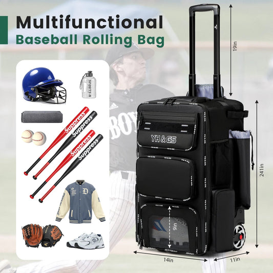 Multifunctional baseball rolling bag with dimensions and sports equipment illustrations on a blurred sports field background.