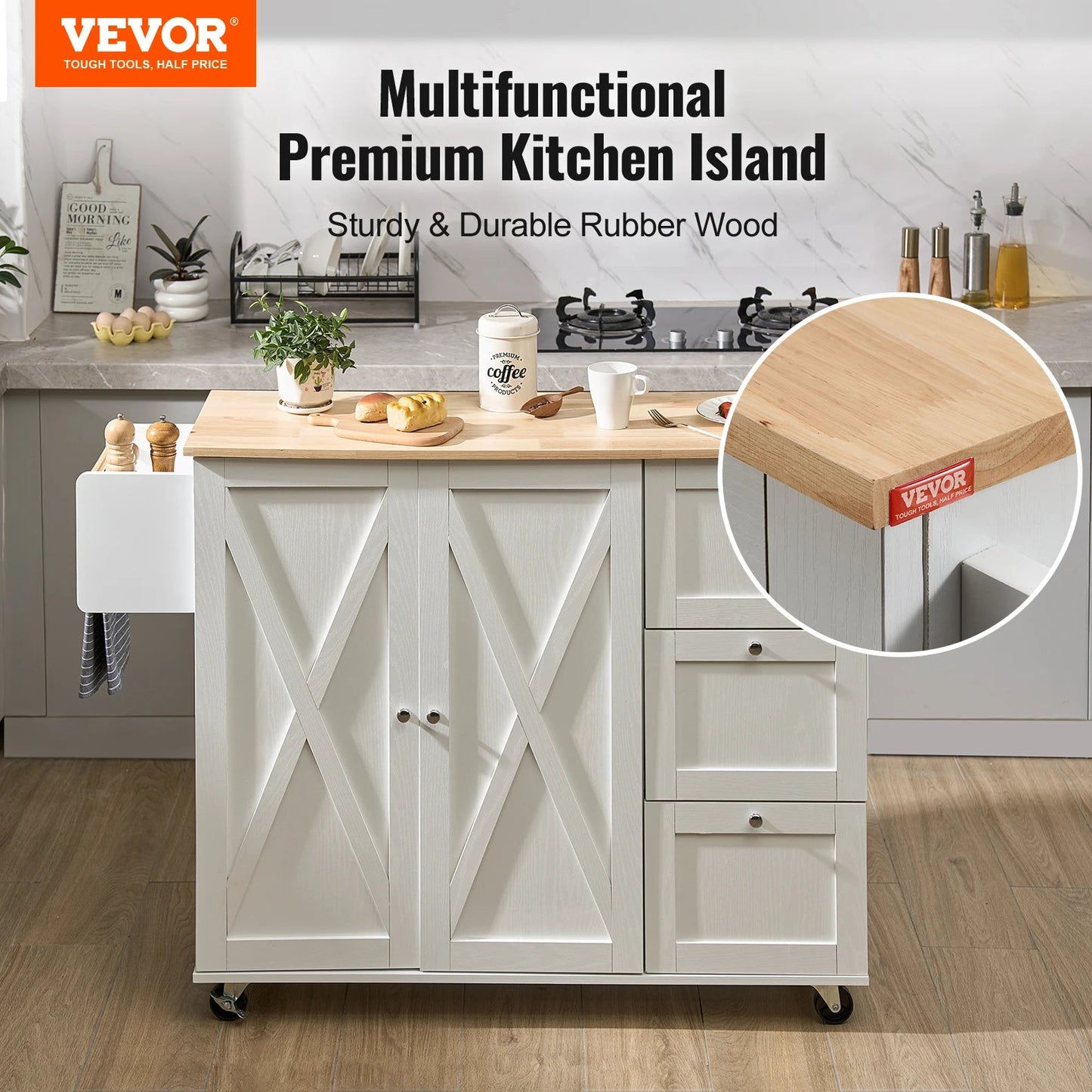 Multifunctional kitchen island with VEVOR branding in a kitchen setting.