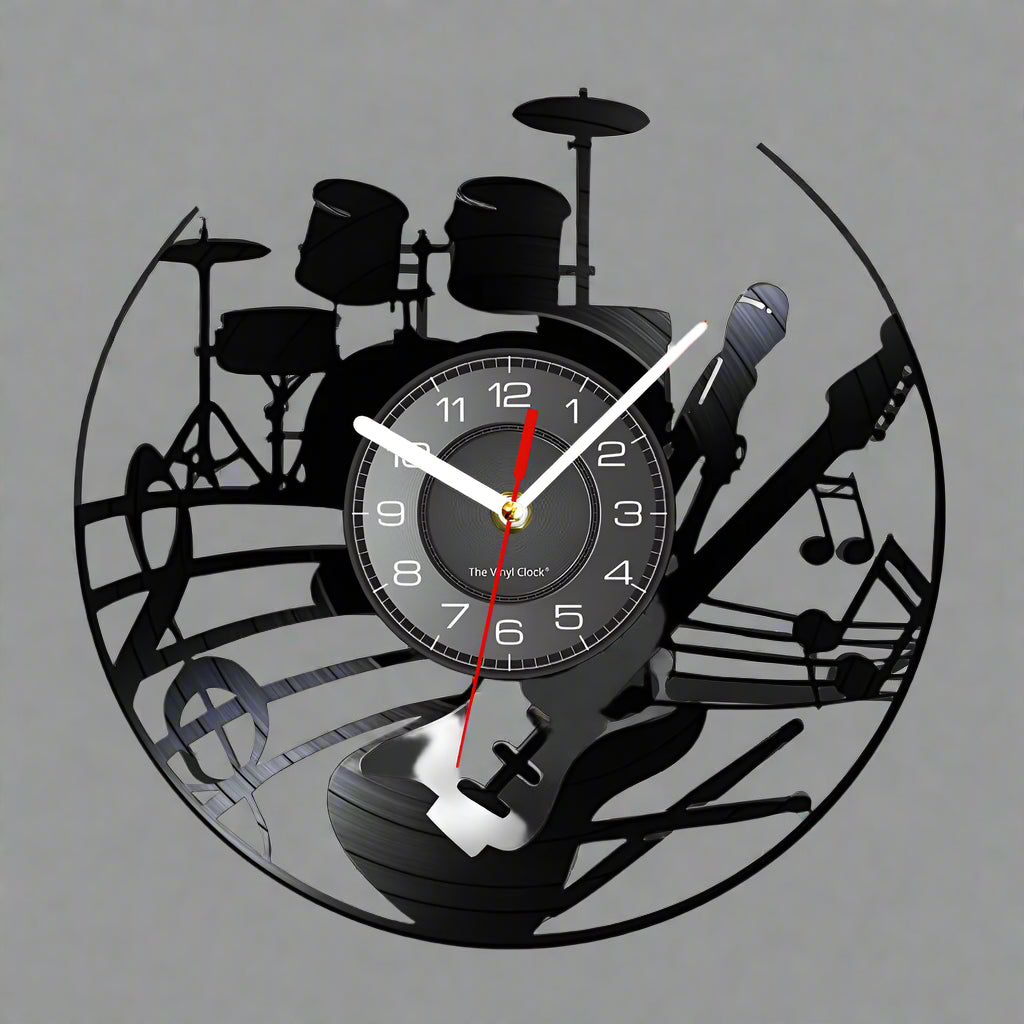 Music-themed wall clock with guitar, drums, and microphone design on a white background