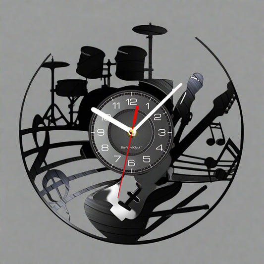 Music-themed wall clock with guitar, drums, and microphone design on a white background