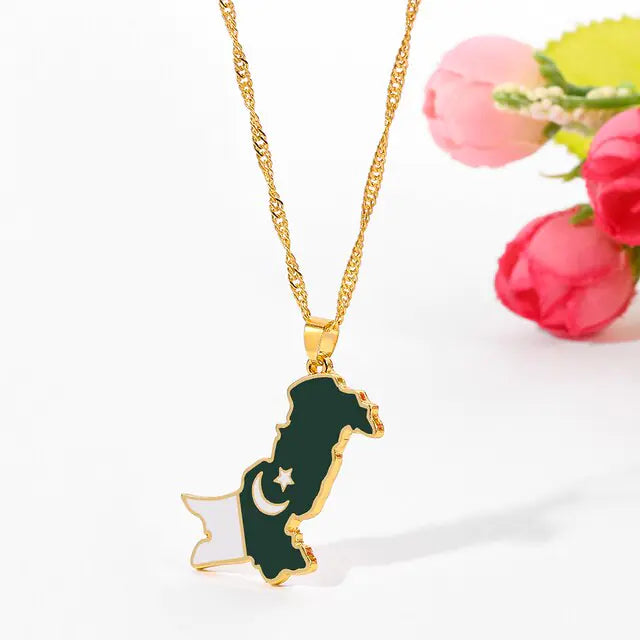 Pakistan Map and Flag Pendant Necklaces