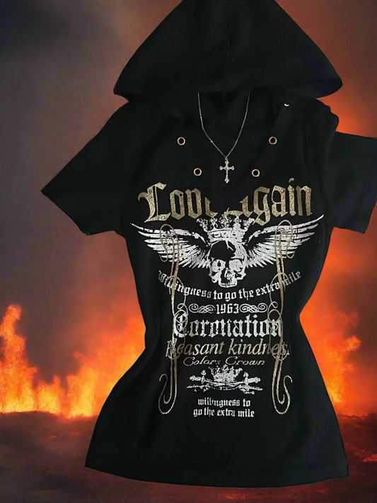 NOIR VERSE // Gothic Letter Hooded Zip Tee – KPOP Chaos Meets Harajuku Heat for Femme Rebels - Premium tee from Lizard Vigilante - Just $34.99! Shop now at Lizard Vigilante