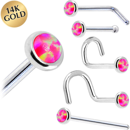 Solid 14K White Gold 2mm Brilliant Pink Synthetic Opal Nose Ring