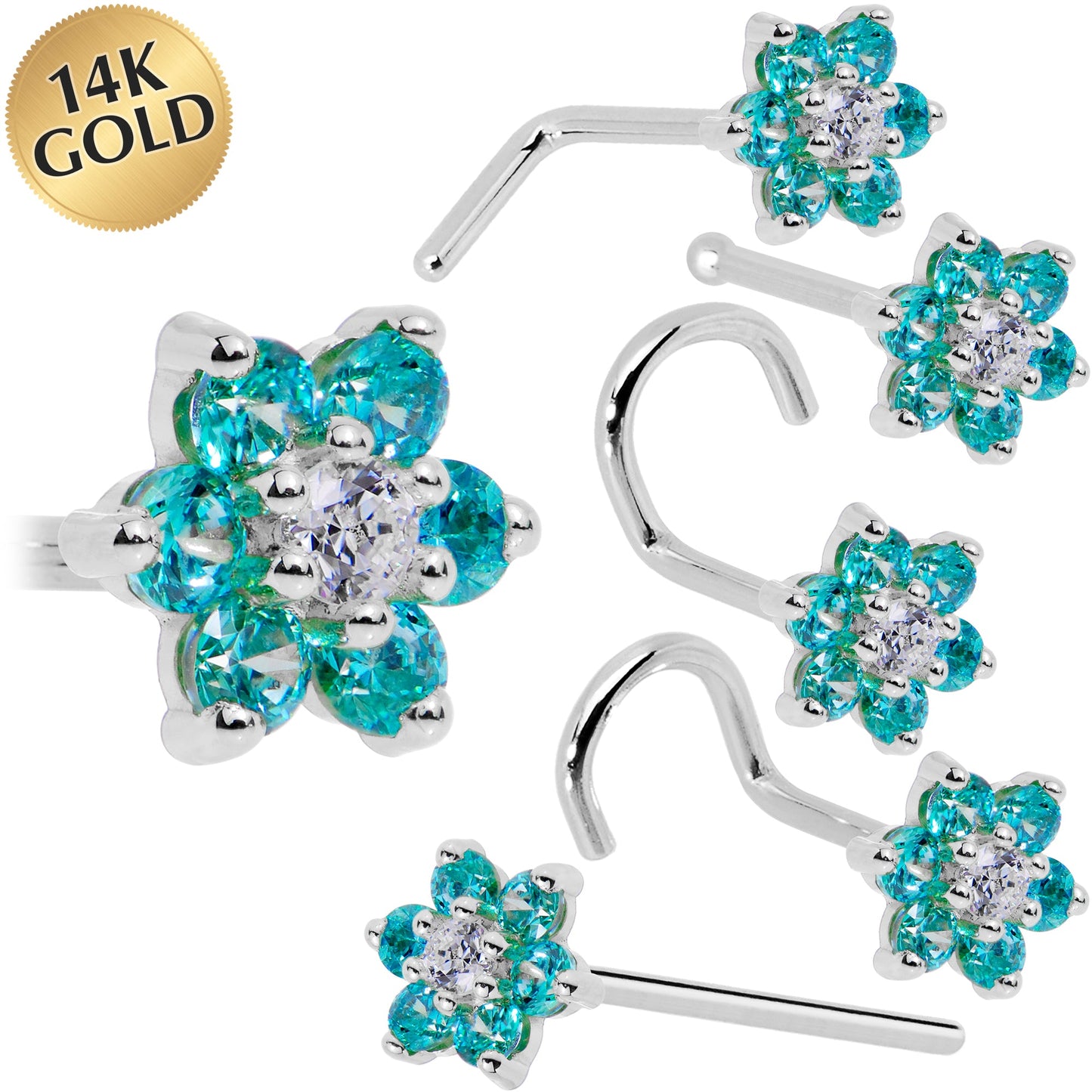 Solid 14K White Gold Mint Green and Clear Cubic Zirconia Flower Nose Ring