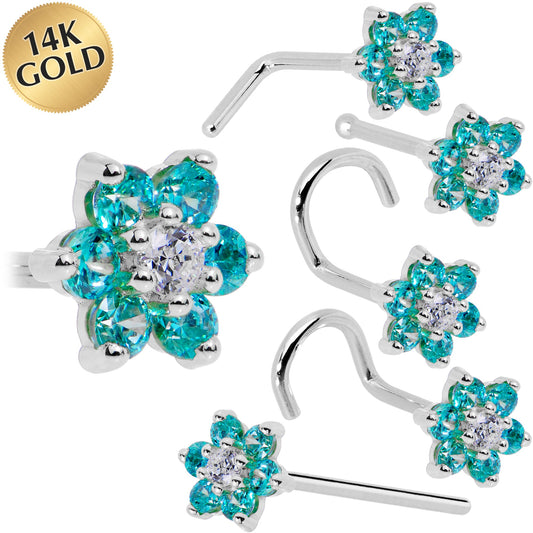 Solid 14K White Gold Mint Green and Clear Cubic Zirconia Flower Nose Ring