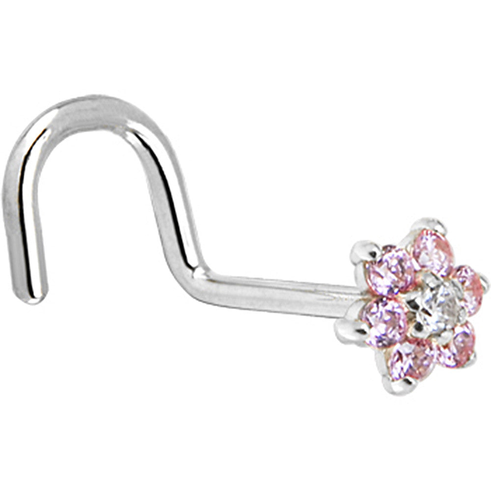 Solid 14K White Gold Pink and Clear Cubic Zirconia Flower Nose Ring