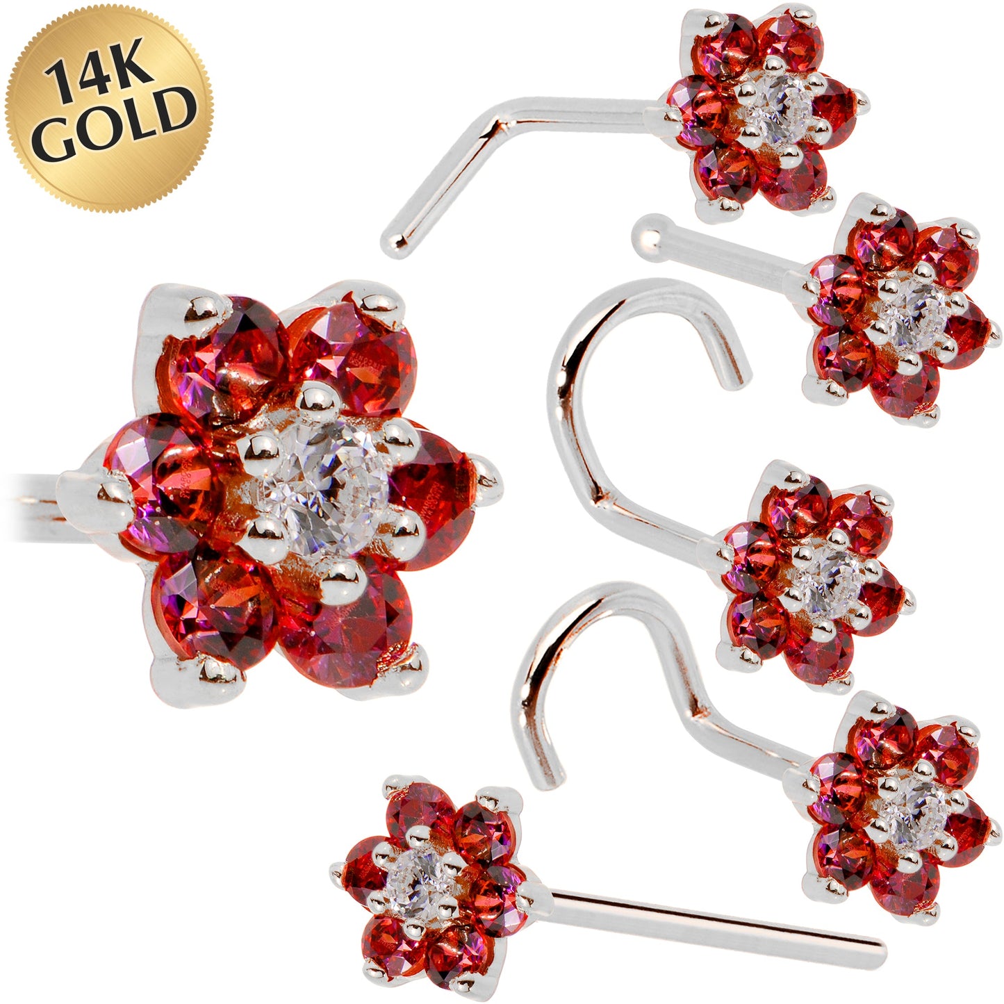 Solid 14K White Gold Red and Clear Cubic Zirconia Flower Nose Ring