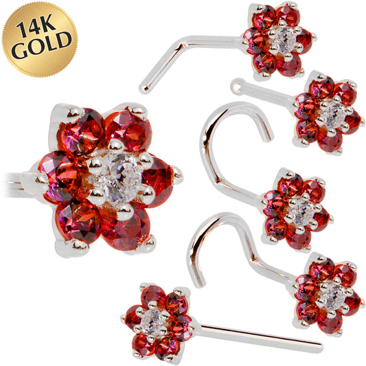 Solid 14K White Gold Red and Clear Cubic Zirconia Flower Nose Ring
